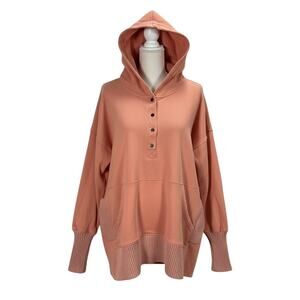 Bucket List Oversized Henley Hoodie Peach Coral Ribbed Knit Trim Small Boho Cozy